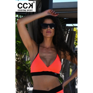 CCK kivehető szivacsos, sportos bikini felső, neon korall-fekete