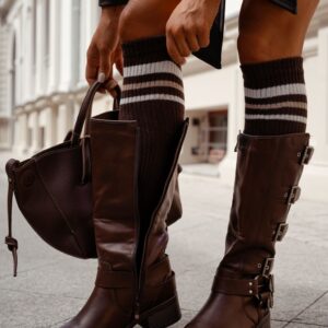 Milena WBA67 bordázott, felül csíkos fashion térdzokni